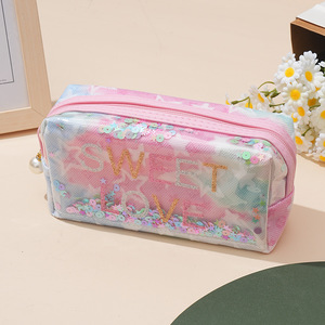 Sweet Love Embroidered Cosmetic Bag With Zipper Closure Portable <b>Makeup</b> <b>Case</b> Medium Size Lovely Style Textile Material - Product Image 4