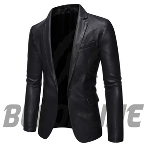 Men's Black PU <b>Leather</b> Blazer Slim Fit Turn-Down Collar Single Breasted Smart Casual <b>Jacket</b> Autumn Wear - Product Image 1