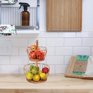 Countertop Round 2 Metal And Wooden Tier Home And Kitchen Fruit <b>Vegetable</b> <b>Baskets</b> <b>Storage</b> Organiser Holder - Product Image 3