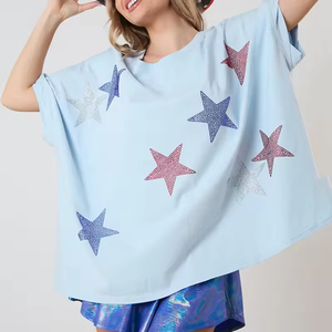 Women Oversized White Canvas T-Shirt Rhinestone Star Print Drop Shoulder O-Neck Regular Fit Spring Summer Quick Dry Anti-UV - Product Image 1