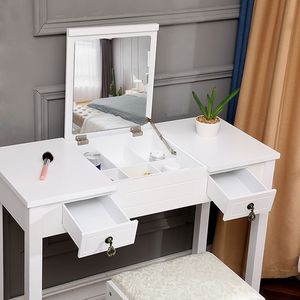 White Straight Feet Dresser with Flip Single <b>Mirror</b> and Double Drawers MDF <b>Makeup</b> Table for Bedroom and Living Room Use - Product Image 2