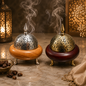 Wooden Bakhoor Burner with Gold Metal Lid Glossy Finished Designer Islamic <b>Oud</b> <b>Incense</b> Holder for Ramadan Eid Gift Home Decor - Product Image 1