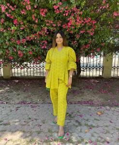 Ensemble haut et pantalon pour femme, couleur unie, col en V, manches évasées, tenue longue en 2 pièces, vêtements décontractés d'été - Product Image 3