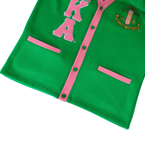 Cárdigan de Forro Polar AKA, Unisex, Verde y Rosa, con Botones, Bordado, Estilo Griego Informal, Prenda Exterior de Primera Calidad - Product Image 2