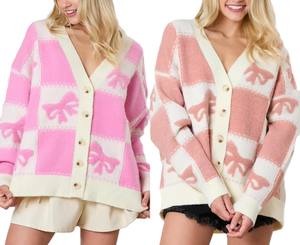 Cárdigan de Punto Casual para Mujer, Manga Larga, Cuello en V, Estampado de Lazo, Botones, Tela Transpirable, Diseño de Bloques de Color, para Primavera - Product Image 1