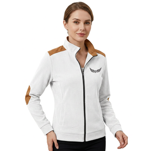White Men's Sporty Long <b>Thin</b> Canvas Front Jacket with Brown Accents Stand Collar Zipper Embossed Logo Summer Wear - Product Image 3