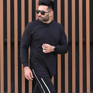 Men's <b>Black</b> <b>Long</b> Sleeve O-Neck <b>T</b>-<b>Shirt</b> Regular Fit Knitted 100% Cotton Casual Solid Color Contrast Trim Front Quick Dry - Product Image 3