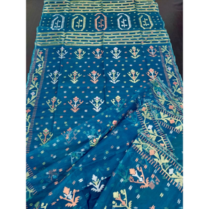 Sari Jamdani en coton artisanal traditionnel, motif floral imprimé numériquement, pour occasions de fête féminines, protection solaire, séchage rapide - Product Image 1