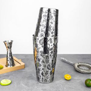 Tropical <b>Tiki</b> Engraved Pattern 850+550ml 28/18oz Cocktail Shaker Stainless Steel Coctelera Weighted Tin Boston Shaker for Barman - Product Image 1
