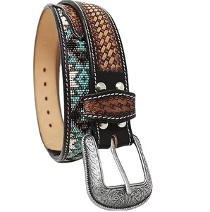 Meilleur prix ceinture en cuir de peau de vache perlée peinte à la main de finition antique qualité usinée incurvée avec de l'acier pour la boucle Style vintage - Product Image 3