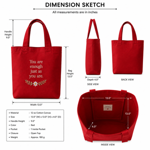 Sac fourre-tout en toile rouge avec citation brodée « Tu es suffisante, tel que tu es » et motif floral - Product Image 2