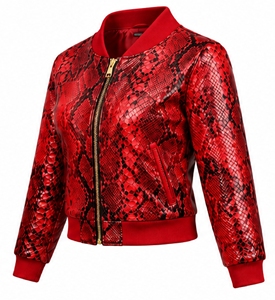 Blouson bomber en similicuir rouge pour femme, imprimé animal, fermeture éclair, coupe courte - Product Image 3