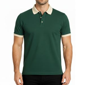 เสื้อโปโลชายสีเขียวอมฟ้าคลาสสิก คอปกสีน้ำเงินกรมท่า ทรงเข้ารูป แขนสั้น สวมใส่สบาย เหมาะสำหรับเล่นกอล์ฟ ผ้าฝ้ายเนื้อนุ่ม ระบายอากาศได้ดี - Product Image 1