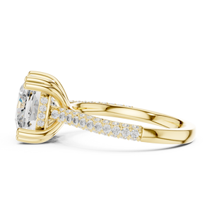 Bague de fiançailles et alliance en or jaune avec diamant taille coussin, halo caché et pierres latérales pour femme - Product Image 2