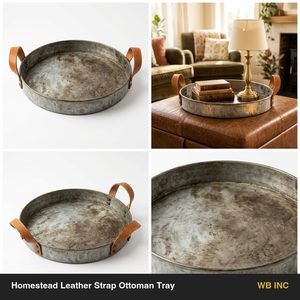 Bandeja Otomana Rústica de Hierro Galvanizado de 50 cm Hecha a Mano con Lazos de Cuero Cosidos y Correa de Cuero Estilo Rústico para Decoración del Hogar - Product Image 6