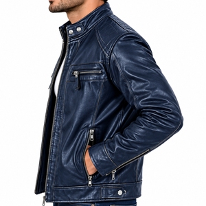 Men <b>Leather</b> <b>Jacket</b> Modern Slim Fit Casual Style Full Zip FrontStand Collar Moto Style Regular Fit <b>Long</b> Sleeves <b>Jacket</b> For Men - Product Image 3