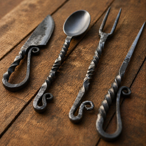 Ensemble d'ustensiles légers faits à la main par Edge Master Manufacture, 4 pièces, en acier au carbone avec étui en cuir - Product Image 4