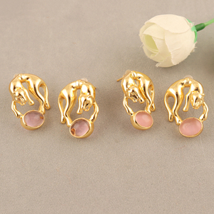 18k gold plated pink <b>cats</b> eyes pink quartz gemstone stud animal <b>earring</b> trendy unique fashion jewelry gift for birthday - Product Image 1