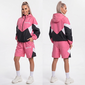 Ensemble de survêtement pour femmes, rose, noir, blanc, couleur contrastée, à capuche, fermeture éclair, coupe-vent, short, léger, sportif, décontracté, deux pièces - Product Image 1