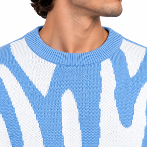 <b>Men's</b> Sky Blue and <b>White</b> Abstract Graphic Knit Sweater Oversized Jacquard Crewneck Pullover Premium Streetwear <b>Jumper</b> - Product Image 5