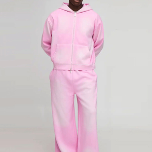 Unisex Pink Cotton Tracksuit Full <b>Zip</b> <b>Hooded</b> Loose Fit Solid Color Casual Wear Adult Spring Style - Product Image 1