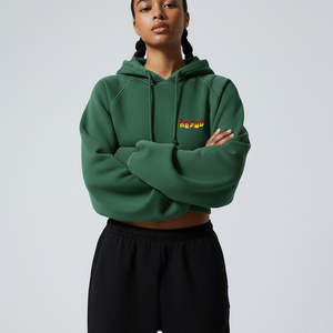 Venta Directa de Fábrica, Sudadera con Capucha Estilo Crop para Mujer, Tela de Algodón de Alta Calidad, Manga Larga, Hombros Caídos, Ropa Casual - Product Image 4