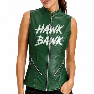 Chaleco de cuero para mujer, estilo sin mangas, cremallera frontal, prácticos bolsillos laterales, diseño con cuello alto y estampado de corteza de halcón - Product Image 1