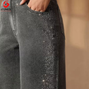 Jean décontracté taille haute pour femme, coupe large, en denim délavé avec sequins, style automne - Product Image 2