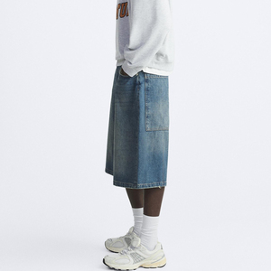 Shorts en jean pour hommes, taille élastique, coupe ample, couleur unie, longueur genou, style décontracté streetwear, mode estivale, bas de gamme OEM - Product Image 2