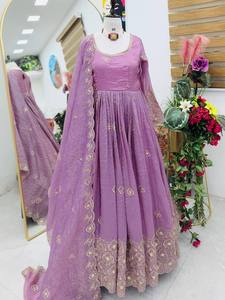 Ensemble Anarkali Salwar Kameez brodé bleu avec dupatta, robe à manches longues pour mariage et fêtes, pour femmes - Product Image 2
