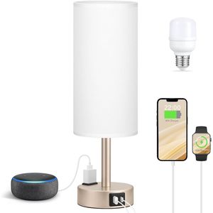 Lampada da Comodino Dimmerabile a 3 Modalità Bianco Antico con Porte di Ricarica USB-C e Presa AC, Lampada da Scrivania Piccola Oro BA - Product Image 1