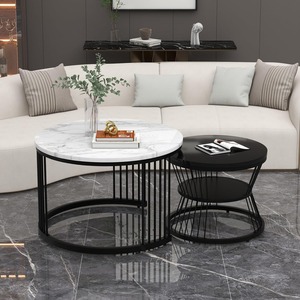 Ensemble de tables basses rondes modernes avec plateau en contreplaqué, structure en métal noir, tables d'appoint gigognes pour salon, maison et hôtel - Product Image 3