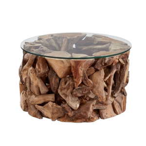 ARTERRA Luxury Handmade Durable & Easy to Clean Round Teak Wood <b>Root</b> <b>Table</b> Glass Top Cluster Rustic <b>Coffee</b> <b>Table</b> for Living Room - Product Image 1