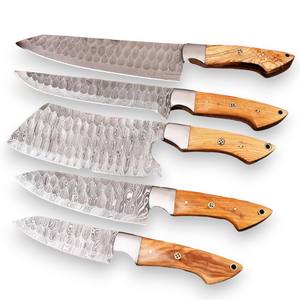 Ensemble de 5 couteaux de chef OEM OBMChef en acier Damas fait main, manche ergonomique en olivier, étui en cuir (longueur de lame 4,5-9 pouces) - Product Image 1