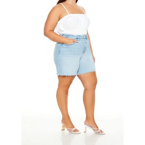 Shorts en jean taille haute pour femmes grandes tailles, délavé clair, avec poches, style décontracté d'été, coupe droite, tissu en coton - Product Image 5