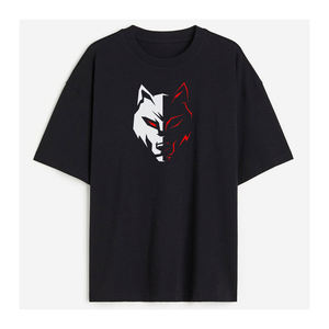 T-shirt noir surdimensionné pour homme avec imprimé visage de loup, style streetwear, manches courtes, col rond, jersey de coton - Product Image 2