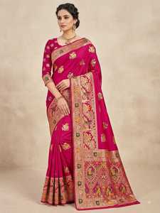Sari en soie rose BANARASI KATAN avec motifs floraux dorés tissés pour les occasions de mariage, vêtements traditionnels pour femmes - Product Image 1