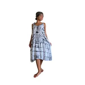 Boho Style Women Midi Dress Rayon Tie Dye Pattern Sleeveless Round Neck Grey Black Resort Wear Dress - Product Image 1