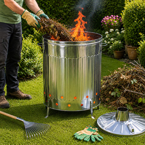 Bac d'incinération en métal avec trous de ventilation et couvercle de cheminée pour les déchets de jardin, disponible à prix de gros. - Product Image 1