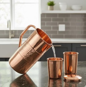 Copper Water <b>Jug</b> Set With Two Tumblers Hammered Finish Modern Design For <b>Drinks</b> Party Use Durable Metal Pitcher 1.5L Capacity - Product Image 5