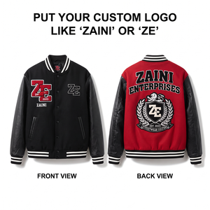 ZAINI ZE-192 320 GSM Cotton Fleece Windproof Varsity <b>Jacket</b> PU <b>Leather</b> Sleeves Black <b>Red</b> Chenille Embroidery Custom Logo - Product Image 1