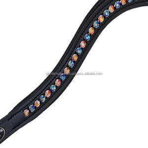 Banda de ceja de caballo acolchada de canal vacío de cuero inglés negro de lujo con incrustaciones de cristales multicolores banda de CEJA ostentosa de cristal Diamante - Product Image 1