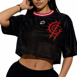 Luxury Cropped <b>Mesh</b> Women American Football Jersey Red <b>Rhinestone</b> Graphic Polyester Oversized Sports <b>Top</b> Custom Branding Low MOQ - Product Image 1