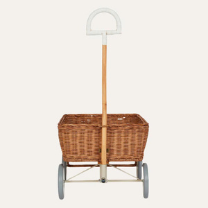Kids Wooden Handle Woven <b>Storage</b> Wagon Rattan Toy Cart with Wheels Decorative Nursery Organizer Rolling <b>Basket</b> for Home Playroom - Product Image 3