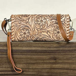 Nouvelle Pochette à Main Trifold en Cuir Véritable Fait Main Personnalisée avec Motifs Floraux, Grande Capacité, Portefeuille Bandoulière pour Femme - Product Image 5