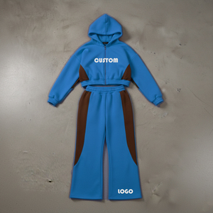 Ensemble de survêtement personnalisé bleu ciel, comprenant un sweat à capuche court et ample zippé en molleton épais et un pantalon de survêtement à épaules tombantes - Product Image 1