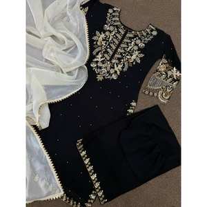 TENDANCE GEORGETTE BRODERIE SÉQUENCE TRAVAIL TOP PALAZZO AVEC DUPATTA NOIR - Product Image 6