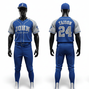 Mens Baseball Uniform 180 GSM Premium Polyester Interlock Blue Grey Panel Design Tackle Twill Custom Logo Set - Product Image 1