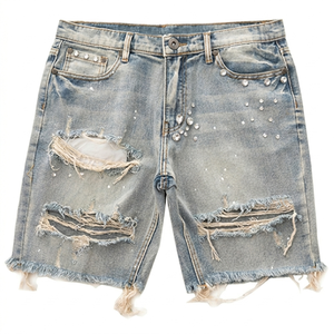Men's Mid Waist Custom Button Fly Ripped Denim Bermuda <b>Shorts</b> With Rhinestone <b>Decoration</b> Washed Cotton Casual Style - Product Image 1