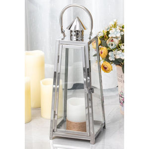 Farol de Vela de Acero Inoxidable y Vidrio con Acabado Plateado de Diseño Americano para Decoración del Hogar y Navidad, Farol de Pie - Product Image 5